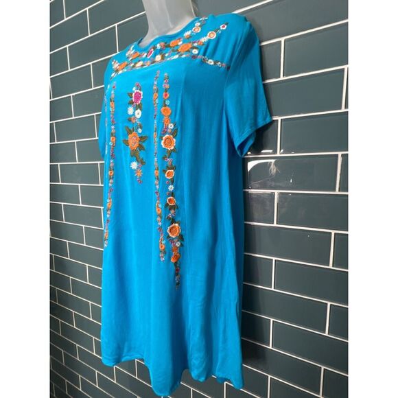 UMGEE BRIGHT TURQUOISE BLUE SHORT SLEEVE EMBROIDERED FLOWY BOHO A-LINE DRESS M - Picture 4 of 9